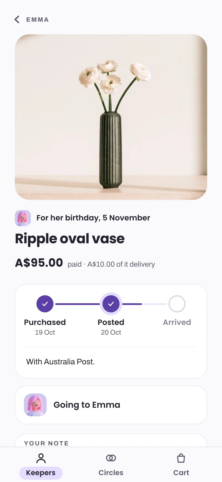 A gift's page in keeper: a vase for Emma's birthday, purchased and posted