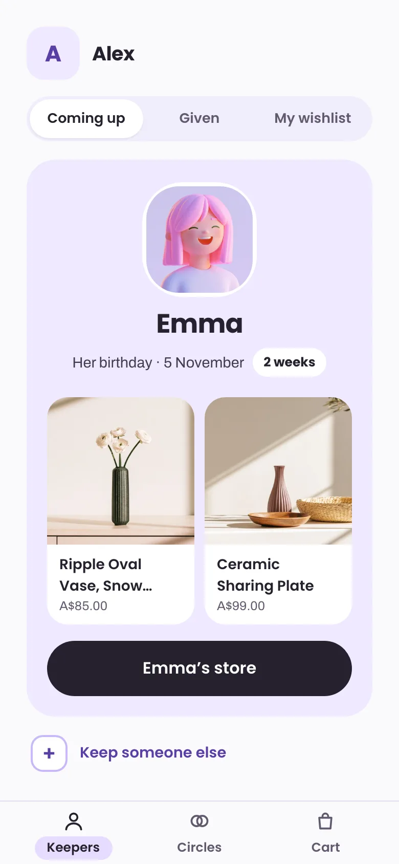 Home in keeper: Emma's birthday in two weeks, with two things from her store