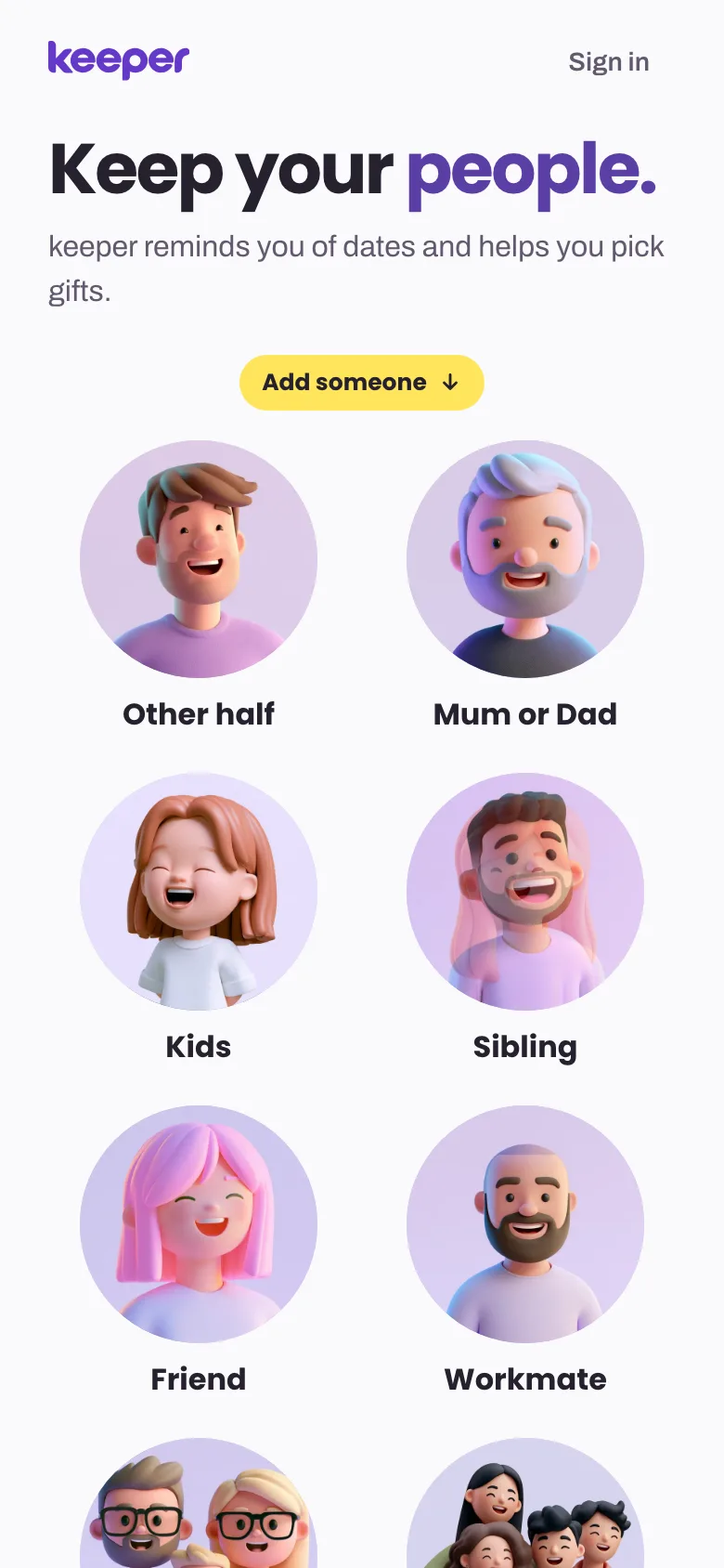 keeper's first screen: Keep your people, with a drawn face for each kind of person