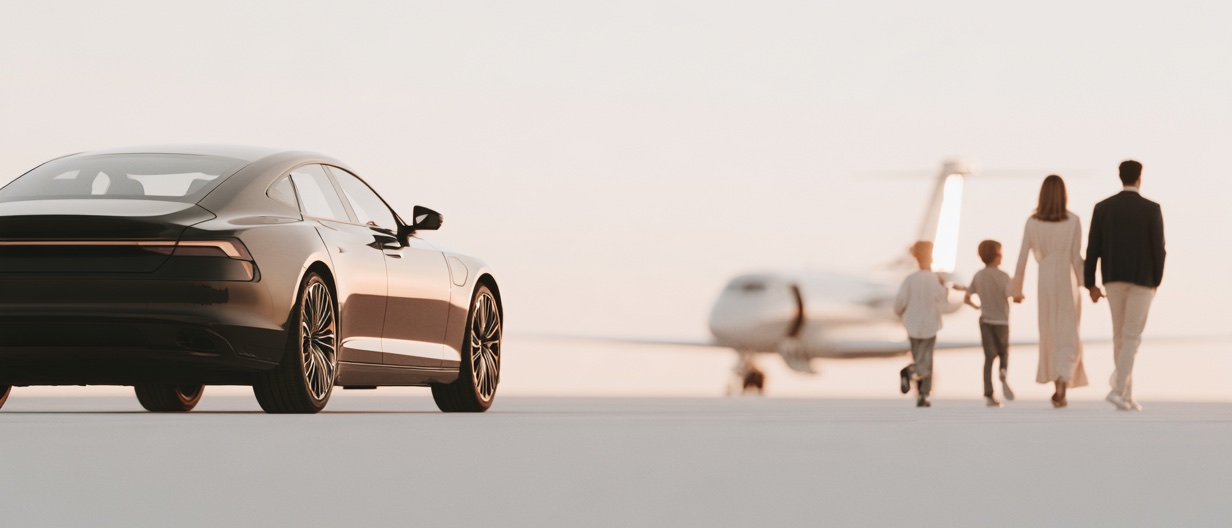 A family walking out to a small jet at dusk, the car that brought them waiting behind