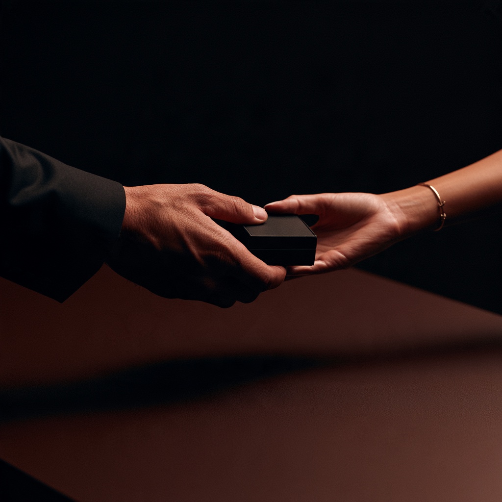Two hands passing a small box across a table