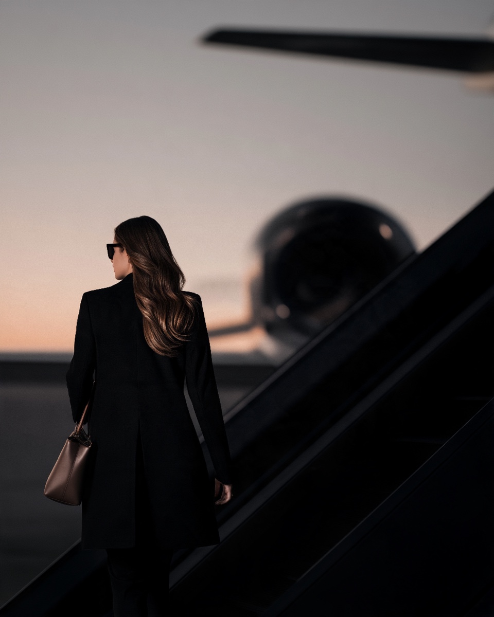 A woman in a black coat boarding a private jet at dusk