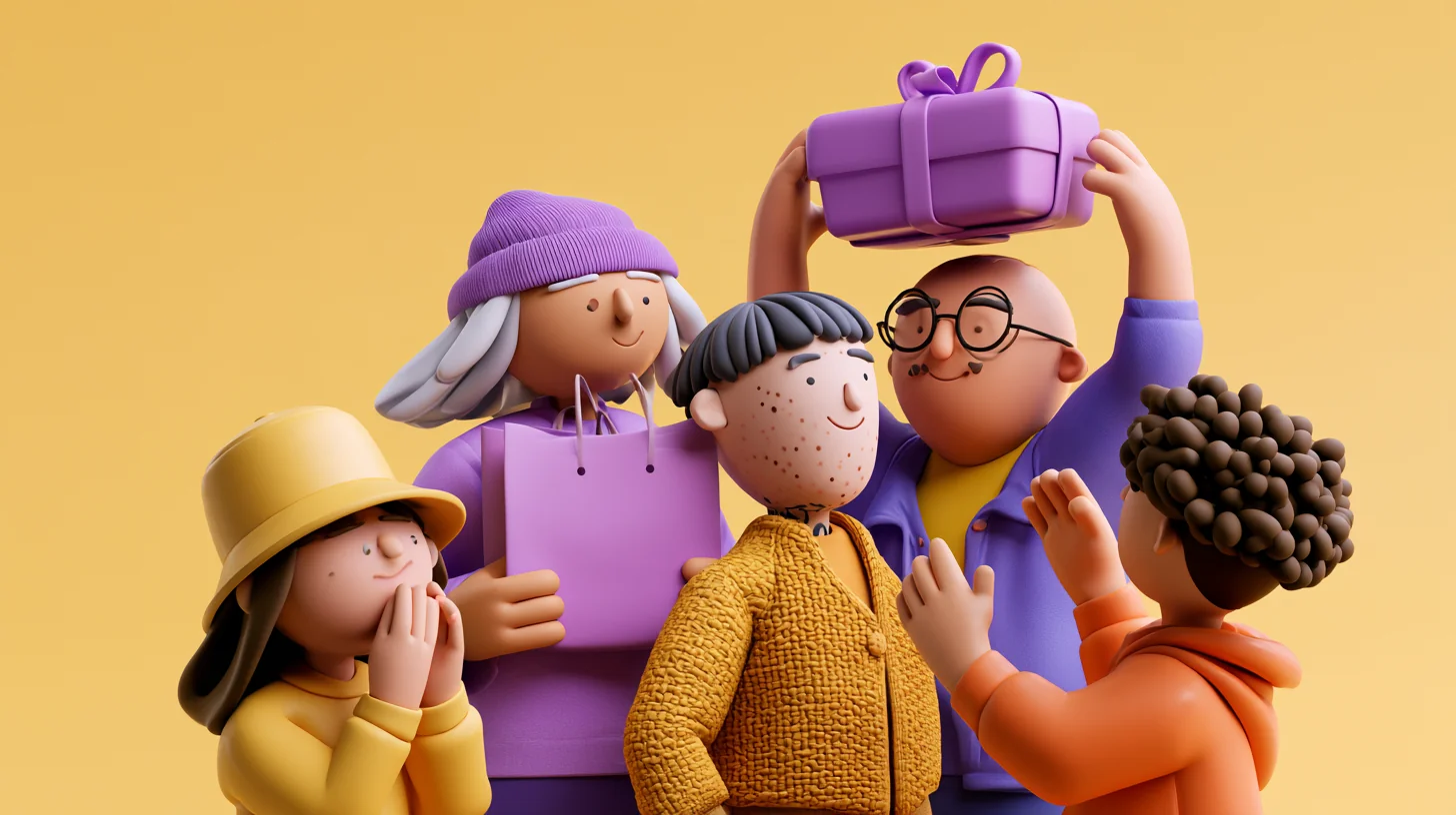 Five clay friends around a purple gift, one holding a lilac gift bag