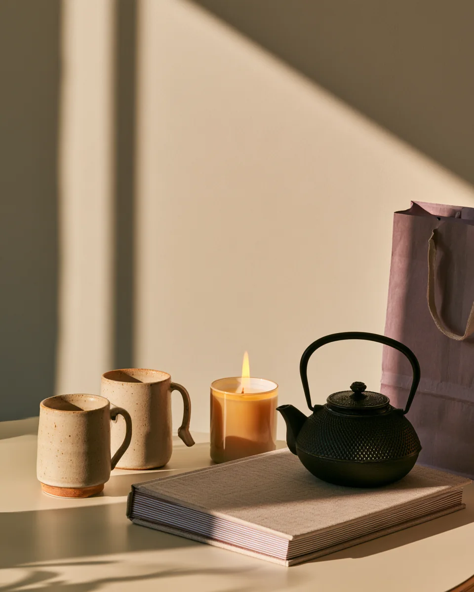 Two mugs, a candle and a teapot beside a lilac gift bag, in afternoon sun