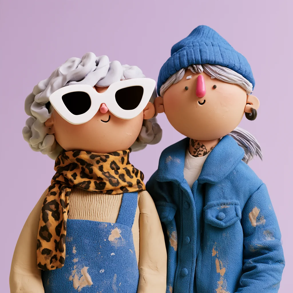Two Virtual Keepers in clay: a grandmother in white sunglasses and a potter in a beanie